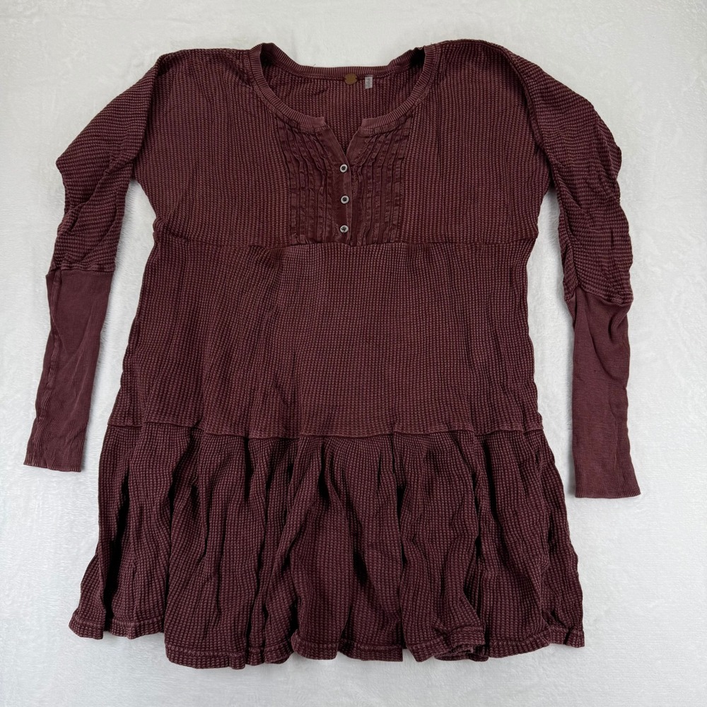 Free People We The Free Jolene Waffle Knit Henley mini Dress Tunic Burgundy Sz S